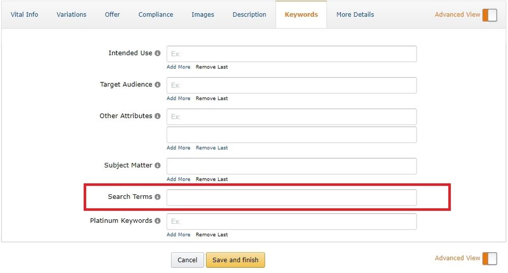 Backend keywords field in the Seller Central